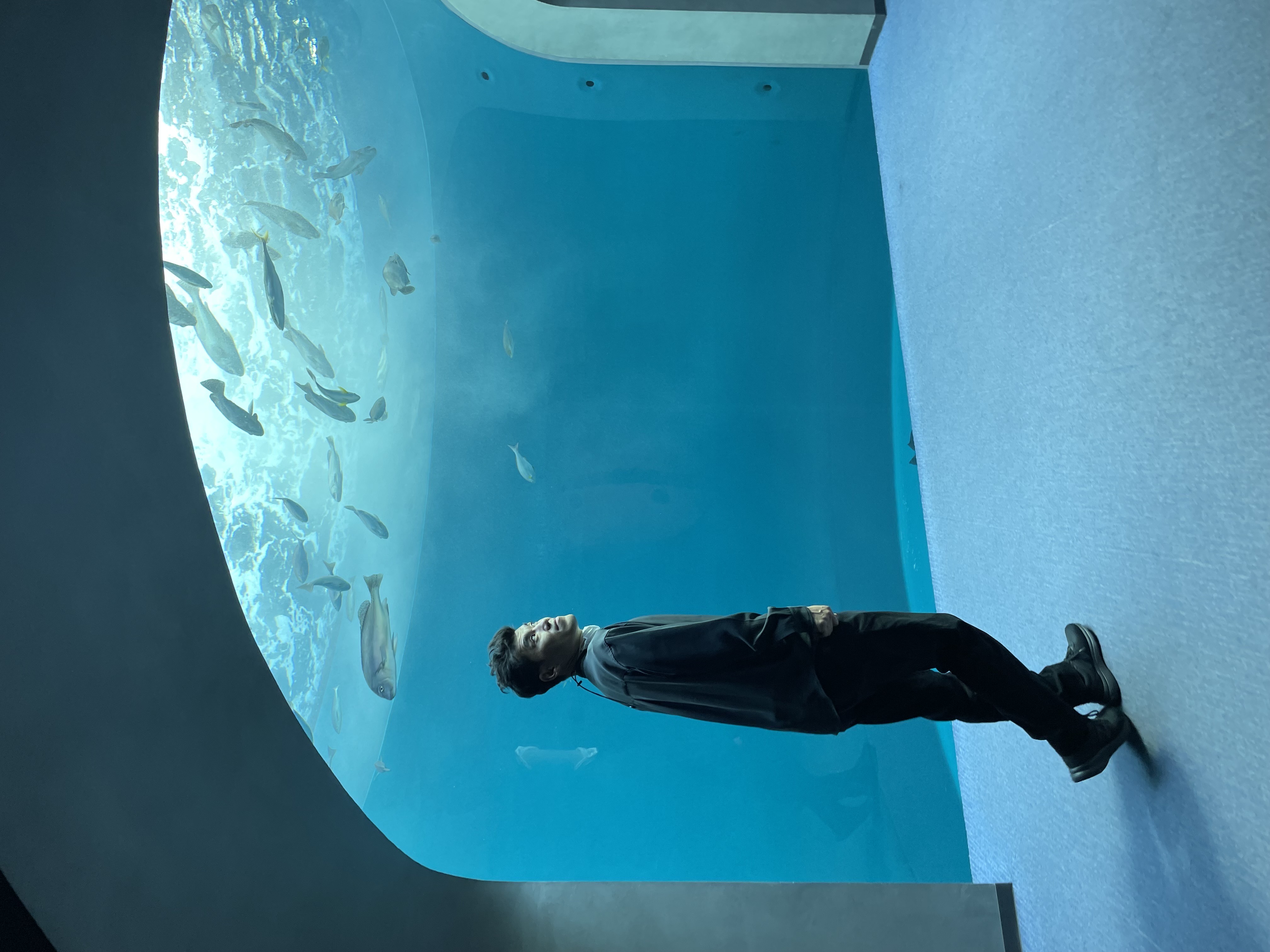 制作者が水族館の水槽の前に立つ写真